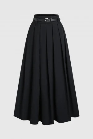 Black high waisted pleated midi skirt(with belt),Black cinched waist long pleated skirt