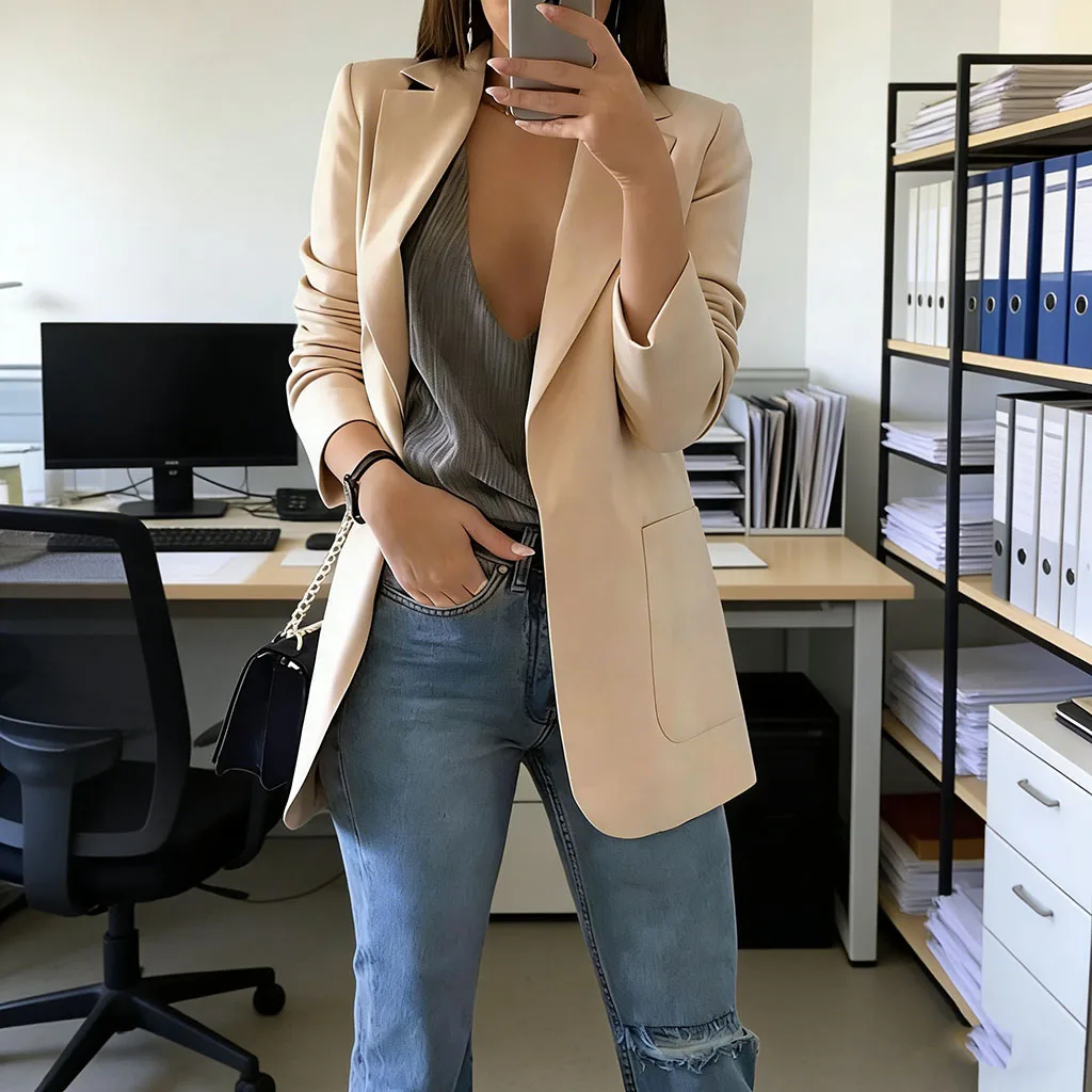 2026 Elegant jacket Women's Suit Single office Casual British Professional Women's Buttonless suit collar pocket simple coat top - Image 3
