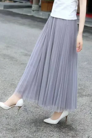 Vintage Tulle Skirt Women Streetwear Elastic High Waist Mesh Pleated Skirts Summer Elegant Korean A Line Office Ladies Skirt New