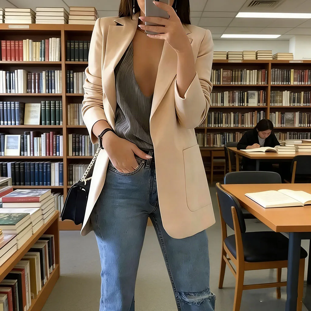2026 Elegant jacket Women's Suit Single office Casual British Professional Women's Buttonless suit collar pocket simple coat top - Image 6