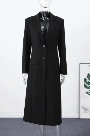 Black Women Long Office Blazer Fashion Long Sleeve Turn-down Collar Tunic Single Breasted Pockets Female Spring Coat 2026