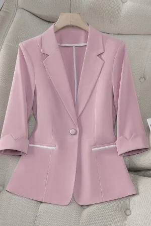 Single-Button Solid Color Three-Quarter Sleeve Slim-Fit Blazer - Elegant High-End Minimalist Ladies' Commuter Suit Jacket
