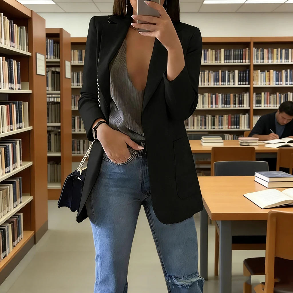 2026 Elegant jacket Women's Suit Single office Casual British Professional Women's Buttonless suit collar pocket simple coat top - Image 4