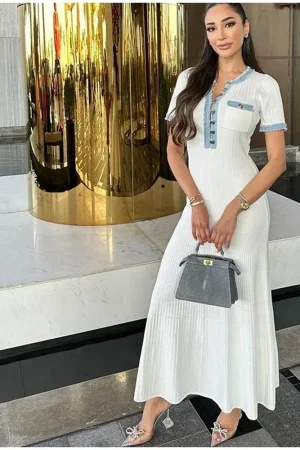 Elegant Contrasting Women Knit Maxi Dress Chic O-neck Short Sleeve Metal Buttons Bodycon Dresses Office Lady Commuting Robe
