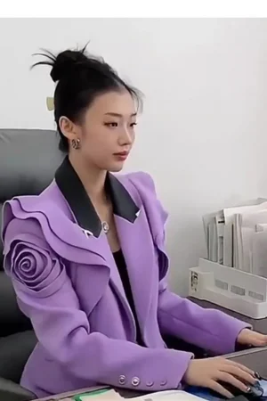 2024 New Women Blazers Fashion 3D flower decoration purple Blazer Elegant ladies notched collar Long Sleeve Suit Coat Y4831