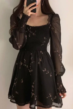 Women Sexy Black Chiffon Dress Spring Vintage Flower Long Puff Sleeve Dresses Korean Casual Mini Vestidos Elegant Clothes 13676