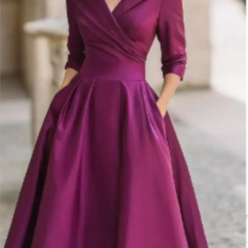 Elegant Solid Color Waist Cinching Sexy V-neck Dress Autumn Winter Women's Clothing New Long Sleeved Dress Pockets Ropa Mujer - Image 5