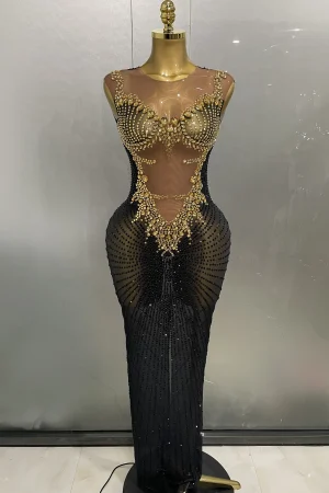 Sexy Sparkly Rhinestones Sleeveless Long Dress 2025 New Women Birthday Celebrate Evening Photo Shoot Stage Performance Costume