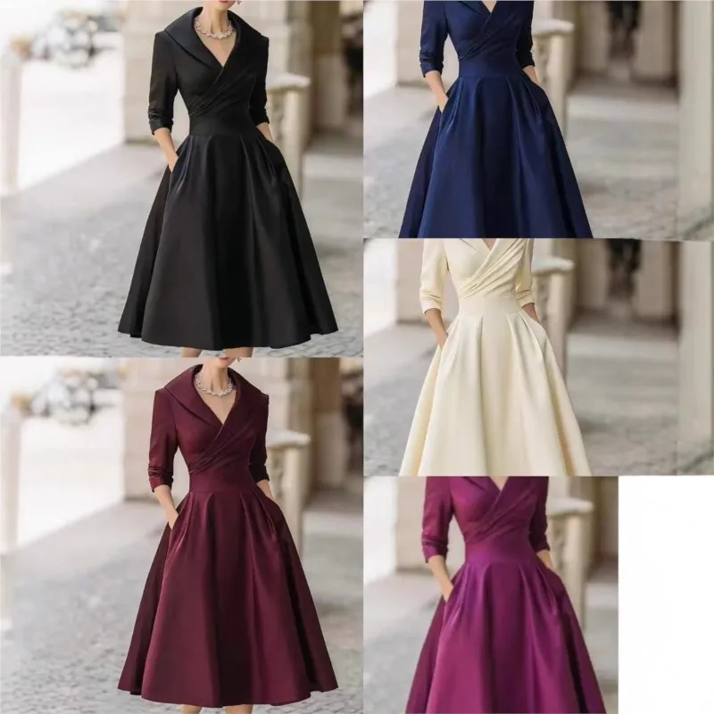 Elegant Solid Color Waist Cinching Sexy V-neck Dress Autumn Winter Women's Clothing New Long Sleeved Dress Pockets Ropa Mujer - Image 6