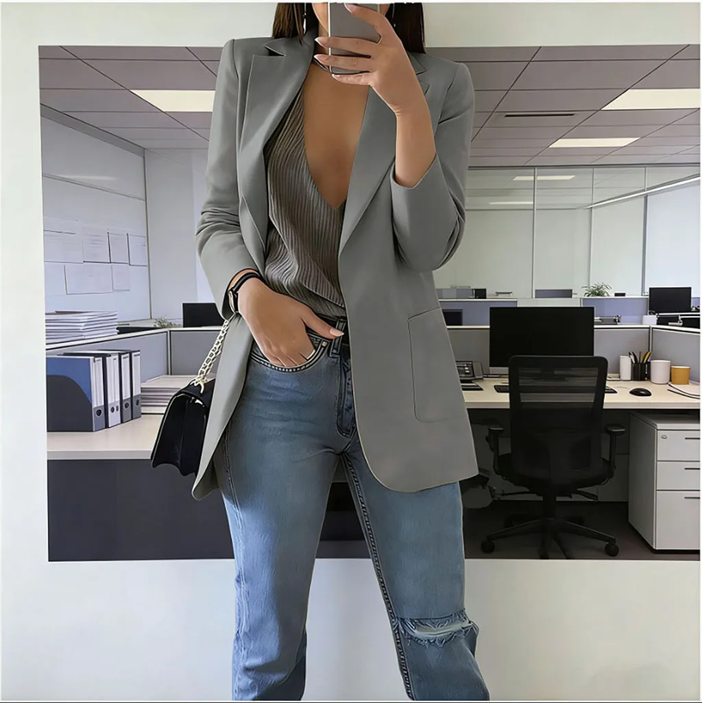 2026 Elegant jacket Women's Suit Single office Casual British Professional Women's Buttonless suit collar pocket simple coat top - Image 5