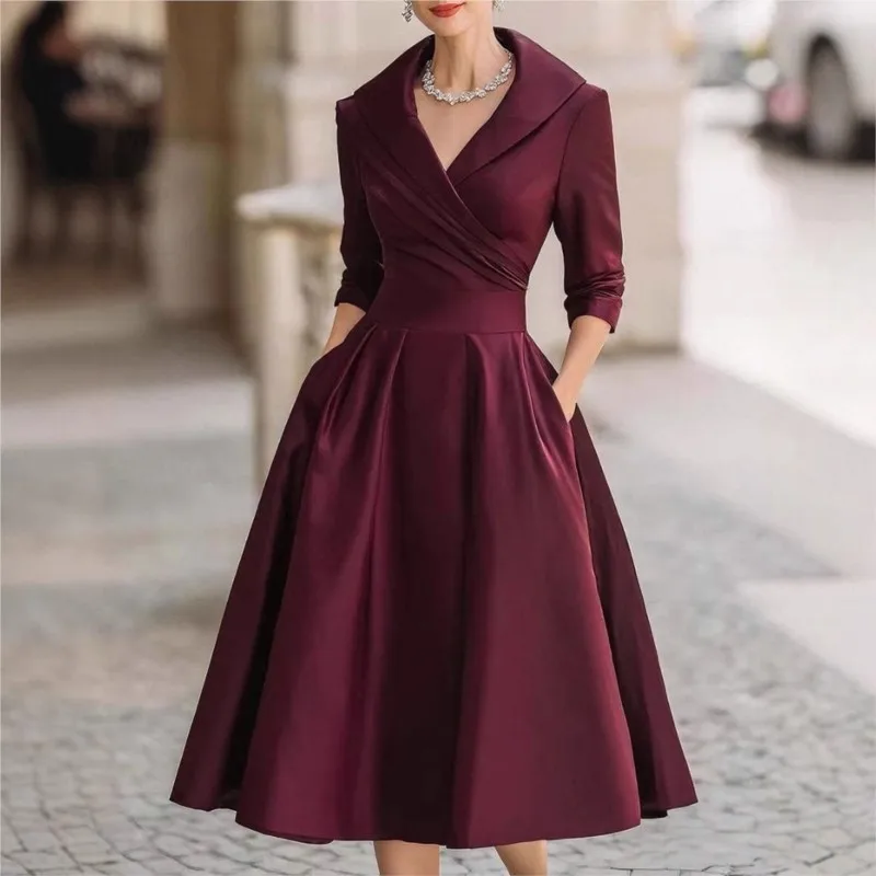 Elegant Solid Color Waist Cinching Sexy V-neck Dress Autumn Winter Women's Clothing New Long Sleeved Dress Pockets Ropa Mujer - Image 3