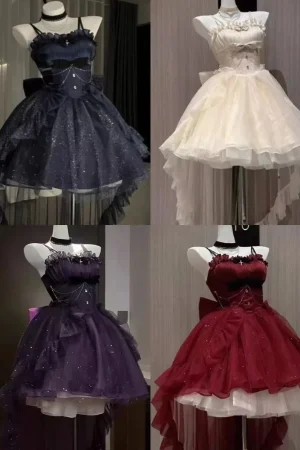 Vintage Gothic Lolita Dress Set Women Harajuku Y2k Bow Ruffles Party Dress Female Elegant Korean Popular Clothes French Summer