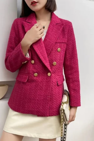Double Breasted Women's Rose Red Blazers, Available in Green Beige, Black, Women Suit Jacket, Spring Vintage Female Coats.