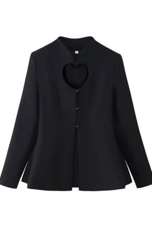 Women Blazers Coats 2026 Summer Fashion Black Love Hollow Out Stand Collar Female Elegant Street Blazers Outerwear Clothes
