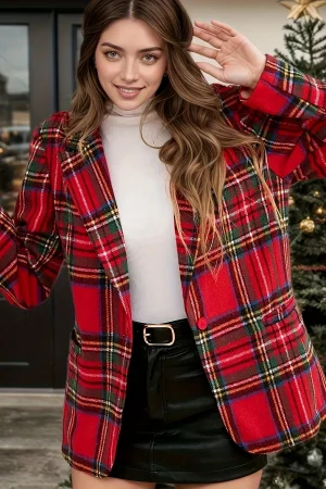 Autumn Winter Women's Clothing Plaid Red Long Sleeve Blazer For Woman Elegant Loose Fit Polyester Casual Office Wear Jacket