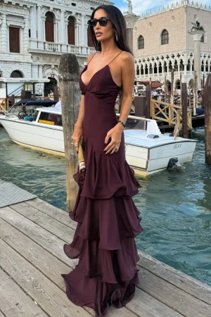 Elegant Solid Ruffled Sling Dress for Women Fashion Sleeveless Backless Party Maxi Dresses 2025 New Female Vacation Robes Street