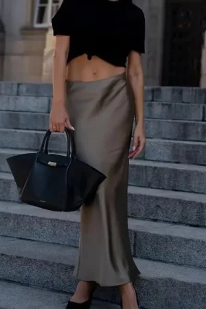 HH 2024 Y2K Casual Women Long Skirt Spring Elastic High Waisted A-Line Casual Female Satin Skirts High Street Lady Skirts
