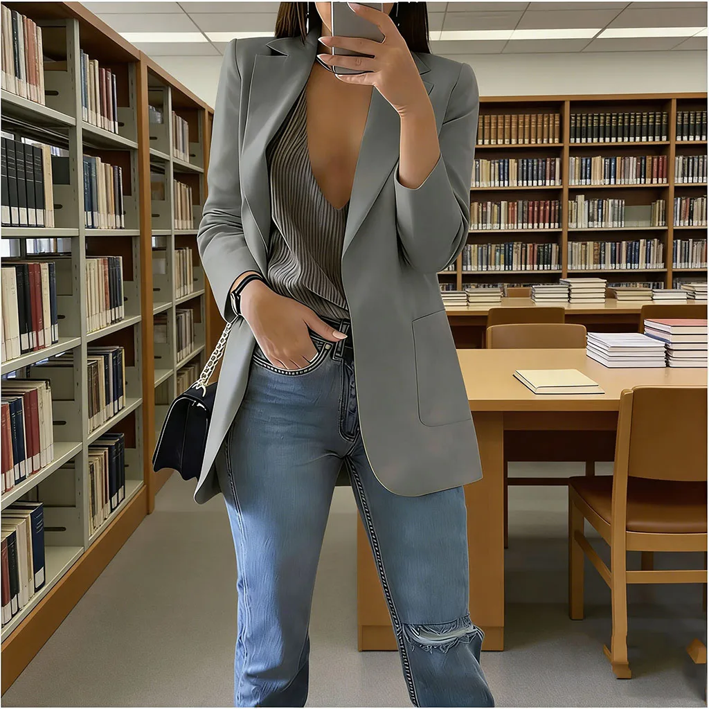 2026 Elegant jacket Women's Suit Single office Casual British Professional Women's Buttonless suit collar pocket simple coat top - Image 5