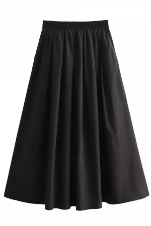 Mooyufon Women's Fashion Spring New Black Wide Pleated Swing Vintage Chic Female High Waist Elegant A-line Long Skirt Mujer