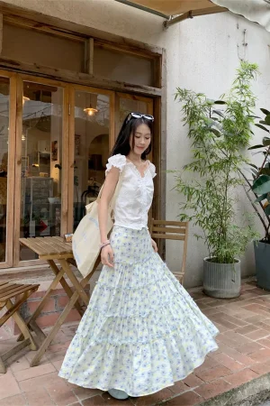 Korean Blue Floral Cake Half Skirt Women Summer High Waist Half Small A-line Big Swing Long Skirts
