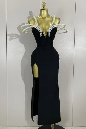 Luxury Designer Pearls V Neck Maxi Long Bandage Bodycon Dress Women Celebrity Evening Party Birthday Gowns Singer Stage Costumes