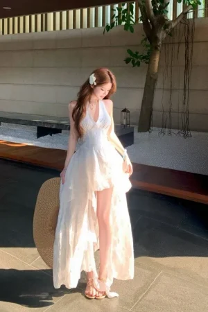 Summer Vacation Irregular Lace Hanging Neck Women's Elegant Dress High Waist Cinching Skirt Casual Daily Beachwear J009