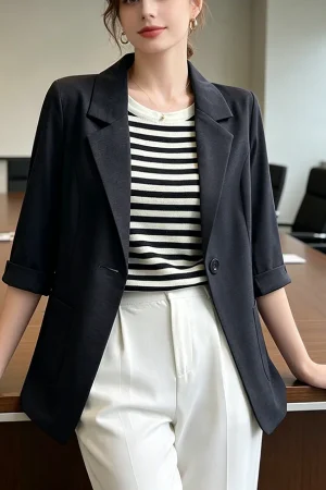 Summer Thin White Blazer Women 3/4 Sleeve Loose Fit Office Suit Jacket Elegant Business Formal Work Coat