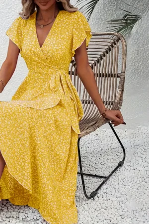 Women's Summer Flower Print Ruffle Dress Fashion 2025 Elegant Short Sleeve Wrap V Neck Tie Side Dresses