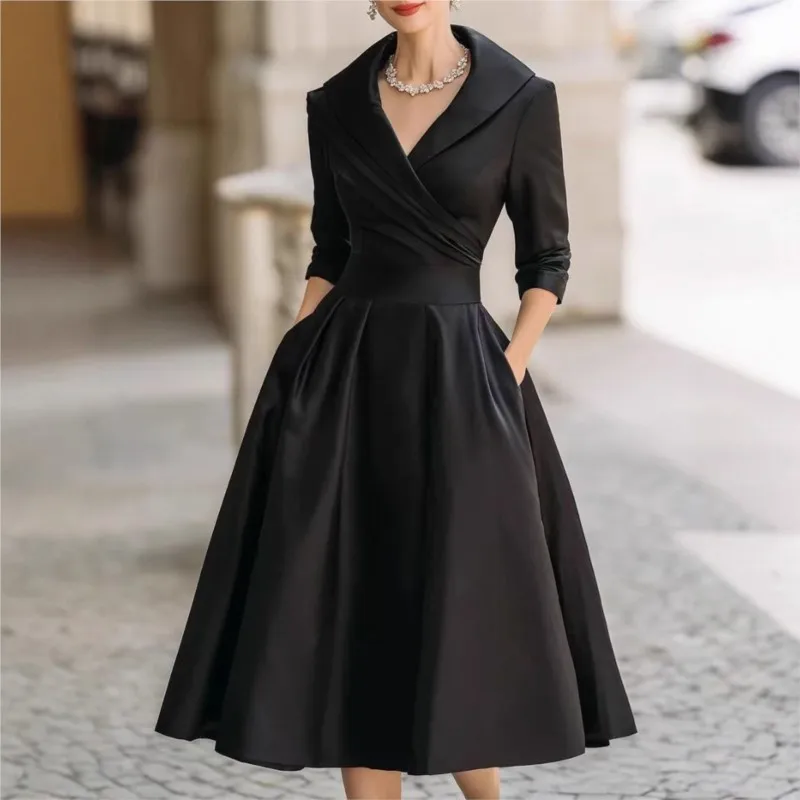 Elegant Solid Color Waist Cinching Sexy V-neck Dress Autumn Winter Women's Clothing New Long Sleeved Dress Pockets Ropa Mujer - Image 2