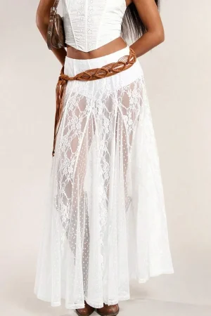 2026 Womens Summer A-line Skirt High Waist Long Lace Patchwork Skirt Solid Color Holiday Beach Sundress Skirts Y2K Streetwear