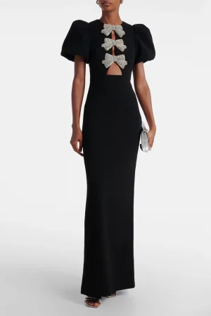 Modern Black Women's Evening Gown Mermaid Floor Length Formal Party Dress Short Puff Sleeves Saudi Dress With Bow Prom Dress
