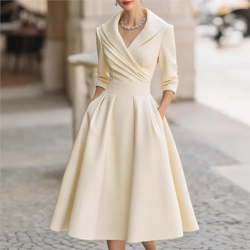 Elegant Solid Color Waist Cinching Sexy V-neck Dress Autumn Winter Women's Clothing New Long Sleeved Dress Pockets Ropa Mujer