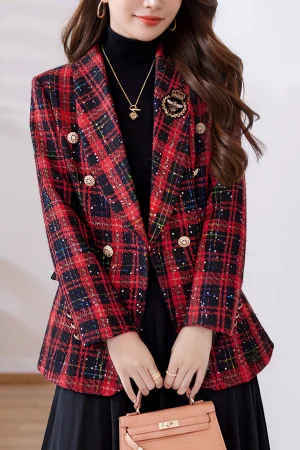 Women's High-End Red Plaid Double-Breasted Blazer Heavy Wool Tweed Casual Top Textured Fall/Winter Christmas Outfit