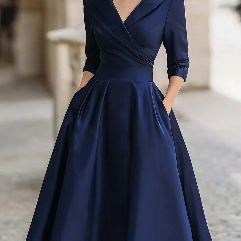 Elegant Solid Color Waist Cinching Sexy V-neck Dress Autumn Winter Women's Clothing New Long Sleeved Dress Pockets Ropa Mujer - Image 4