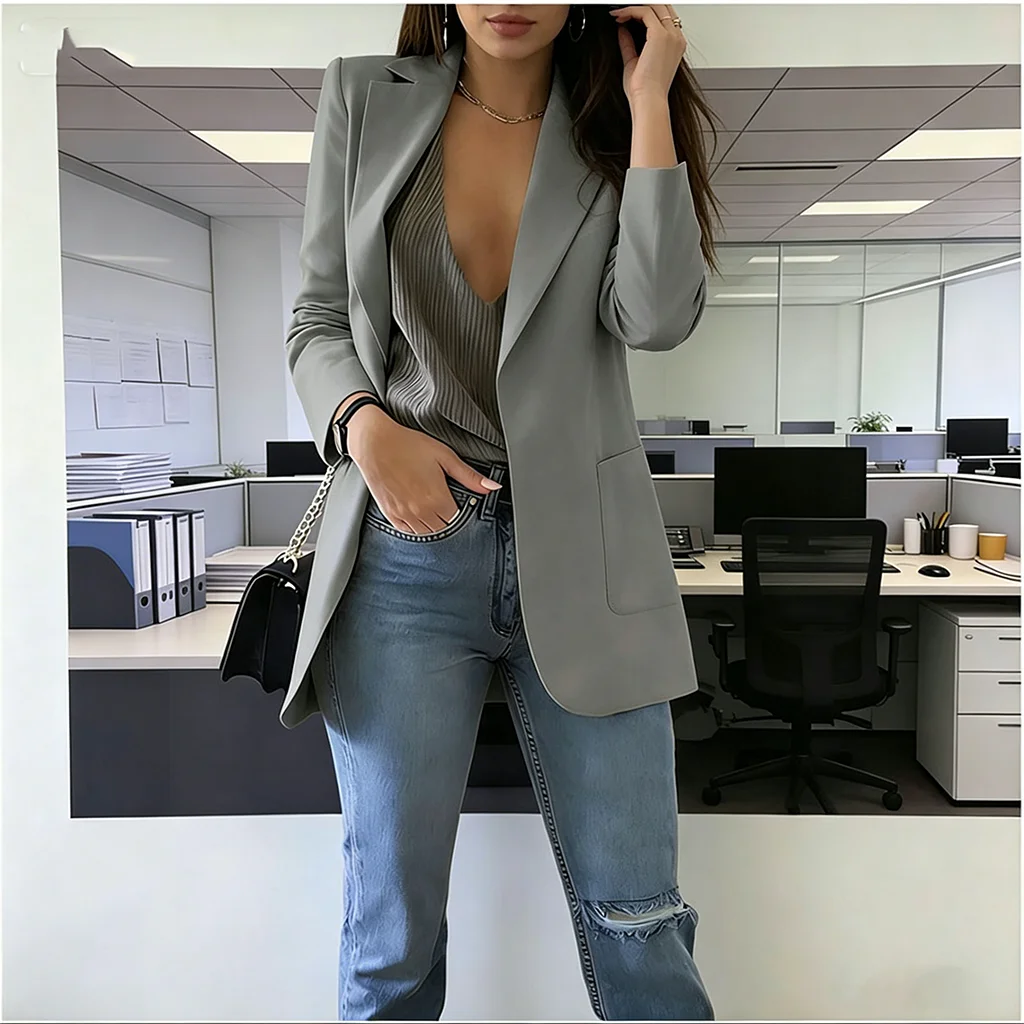 2026 Elegant jacket Women's Suit Single office Casual British Professional Women's Buttonless suit collar pocket simple coat top